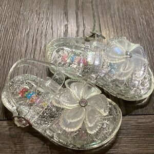 Clear Silver Glitter Sandals with Flower Accent